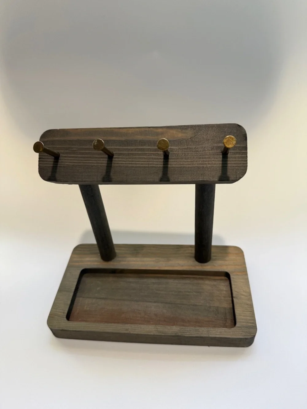Wooden Key Organizer Stand in Dark Brown with Brass Hooks